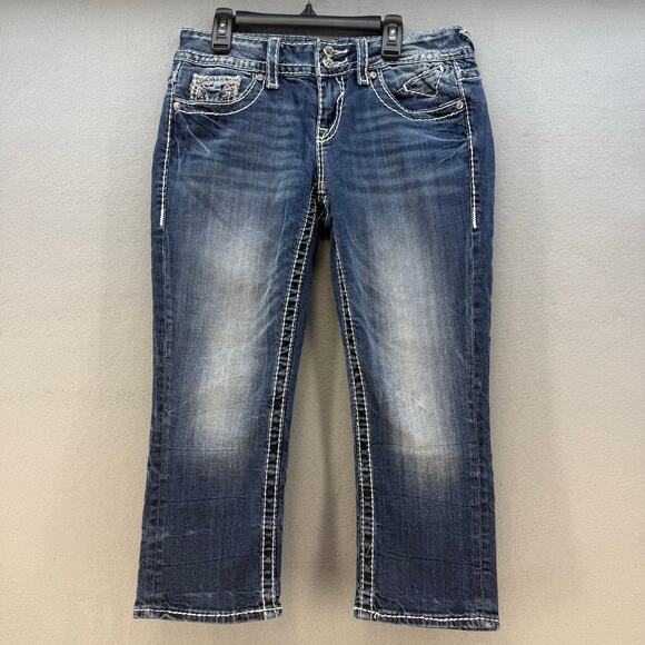 Vigoss Jeans Women's 3/4x21 Blue The Chelsea Capri Embellished Rose Gold Pocket - Picture 1 of 14